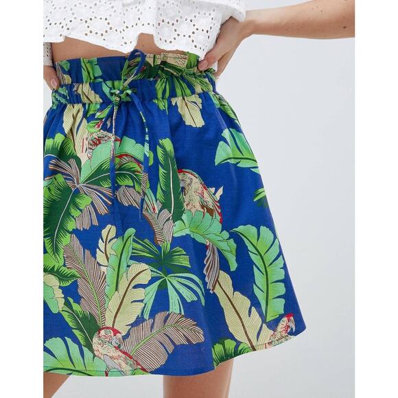 ASOS Linen Mini Skirt Women's Plus Size 18 Parrot Tropical Floral Print - Picture 1 of 9